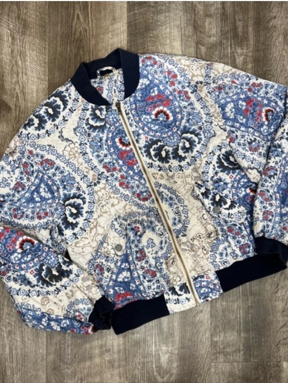 Free People Daytrip Floral Paisley Quilted Bomber Jacket Blue/Cream Size L